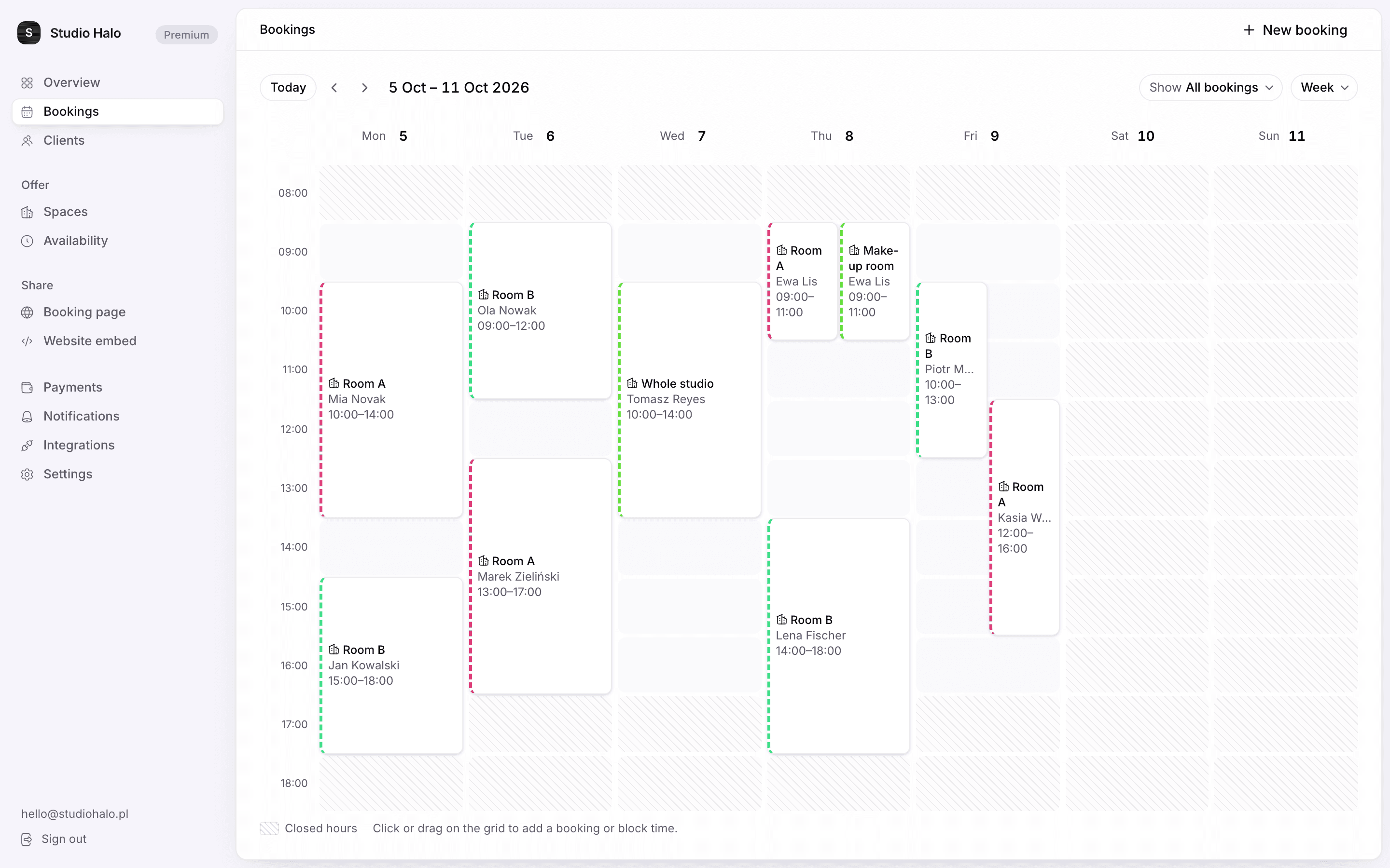 The Booklo admin: one studio's week of bookings across Room A, Room B, the make-up room and the whole studio.